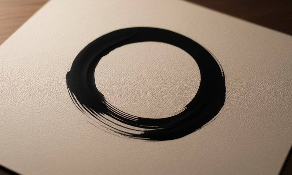 Japanischer Zen-Kunst-Ensō-Kreis, in schwarzer Tusche mit einem einzigen Pinselstrich auf strukturiertem Papier gemalt