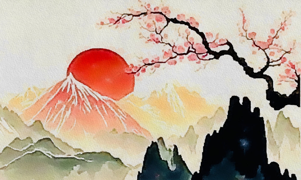 Japanisches Landschaftsgemälde des Berges Fuji mit roter Sonne und Kirschblüten — berühmte traditionelle japanische Kunst