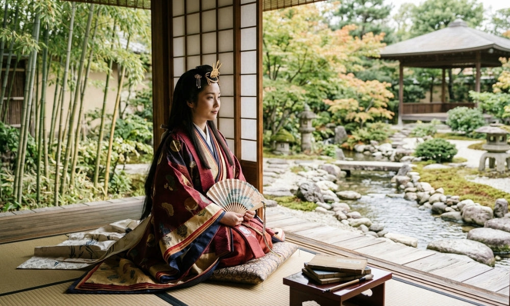 Frau im traditionellen Kimono mit Fächer vor einem japanischen Garten, Anspielung auf Prinzessin Kaguya