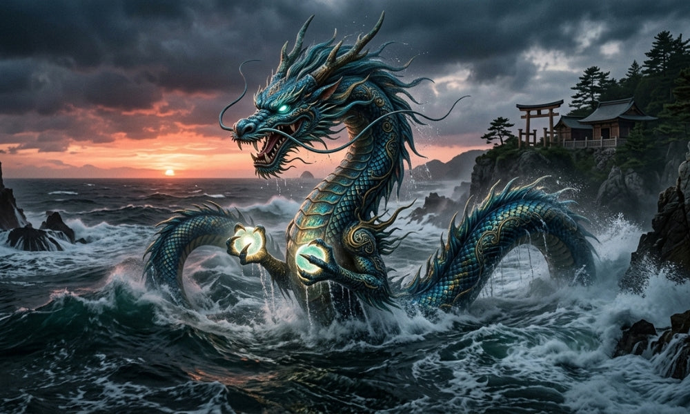 Ryūjin, der japanische Drachengott des Meeres, steigt vor einem Torii bei Sonnenuntergang aus den Wellen