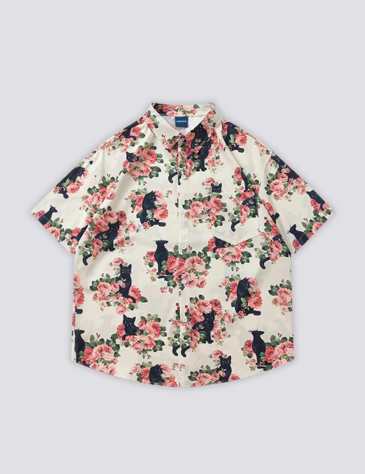 Shirt mit Katzenmuster – Hemd im japanischen Stil für Herren