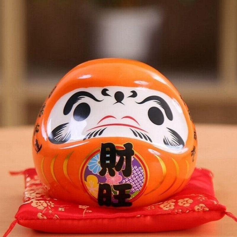 Daruma Spardose Orange 'Wohlstand' Kanji Saiō – Ansicht 3