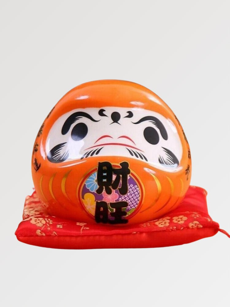 Daruma Spardose Orange 'Wohlstand' Kanji Saiō