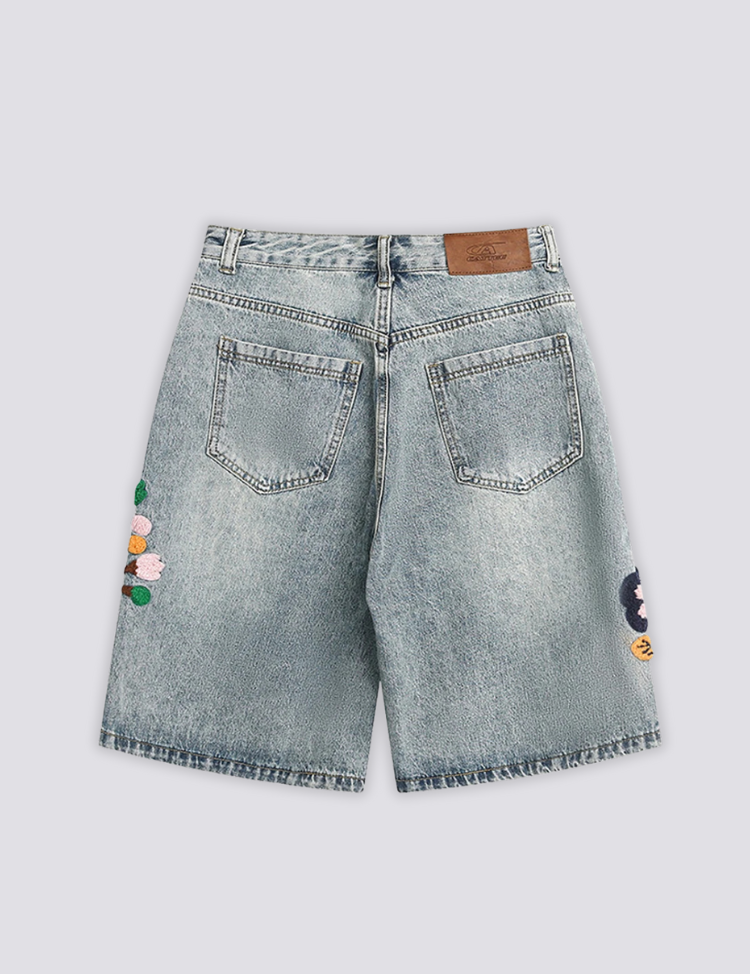 Bestickte Denim-Shorts – kurz, Shorts im japanischen Design