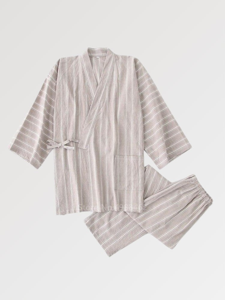 Gestreiftes Jinbei 'Onsen Shota' für Männer – japanisches Gewand, Kimono im japanischen Design