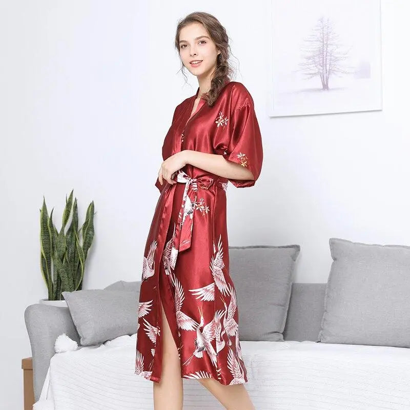 Langer japanischer Kimono-Schlafanzug Bordeaux – Morgenmantel im japanischen Stil für Herren und Damen