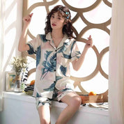 Japanischer Sommerpyjama aus Seidensatin – Pyjama im japanischen Stil für Herren und Damen