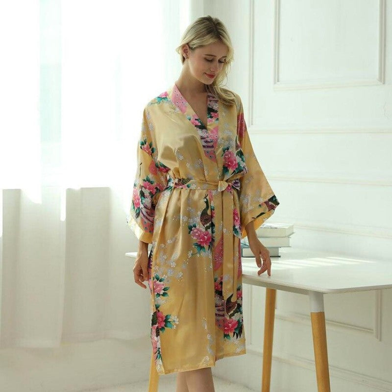 Gelber japanischer Kimono-Pyjama – Morgenmantel im japanischen Stil für Herren und Damen