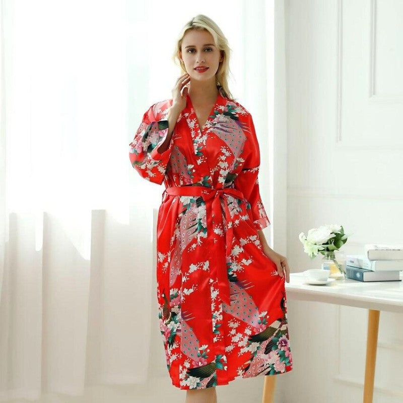 Langer japanischer Schlafanzug Kimono Rot – mit Bindegürtel, Morgenmantel im japanischen Design