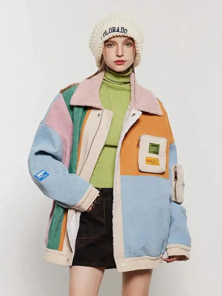 Retro Patchwork Farbe Jacke – Detail: japanisches Motiv, Bomberjacke japanischen Stil