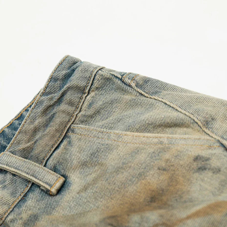 Acid Wash Denim Shorts – Detail: leicht, Shorts japanischen Stil