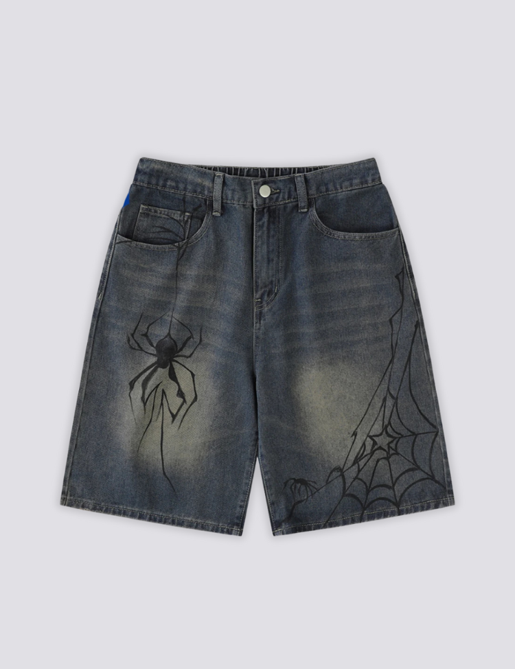 Spider Web Denim Shorts – Shorts im Streetwear-Stil für Herren und Damen