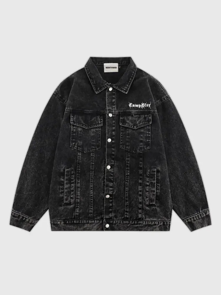 Retro-Gothic-Denim-Jacke 'KR77' – Detail: japanisches Motiv, Bomberjacke japanischen Stil