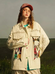 Harajuku Jeansjacke 'Indian' – Detail: japanisches Motiv, Bomberjacke japanischen Stil