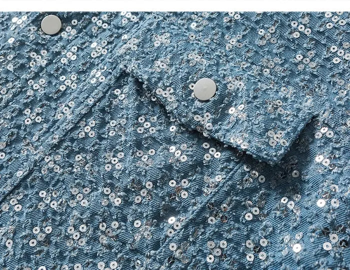 Paillettenbesetzte Jeansjacke 'CRG711' – mit Reißverschluss: detailreicher Bomberjacke im japanischen Stil