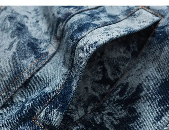 Blaue geblümte Jeansjacke 'TD711' – Detail: japanisches Motiv, Bomberjacke japanischen Stil