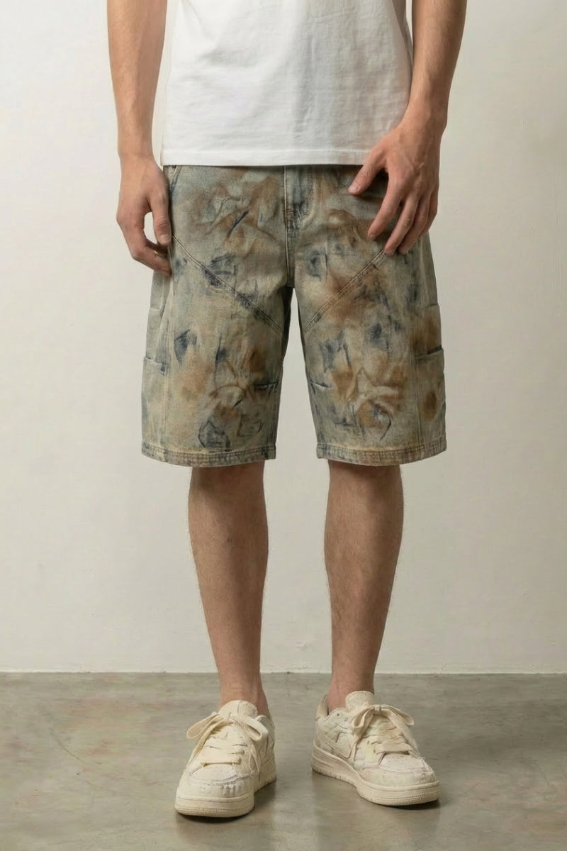 Acid Wash Denim Shorts – Denim-Shorts Herren japanischer Streetwear, Vorderansicht