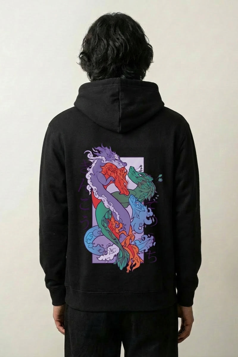 ästhetischer japanischer Hoodie mit violetter Drachen-Karpfen, Rückenansicht des oversize Streetwear-Hoodies