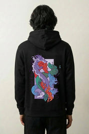 ästhetischer japanischer Hoodie mit violetter Drachen-Karpfen, Rückenansicht des oversize Streetwear-Hoodies