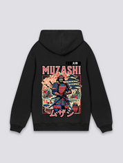 alter japanischer Hoodie in Schwarz, oversize Kapuzenpullover mit Samurai vor Pagode im Ukiyo-e-Stil