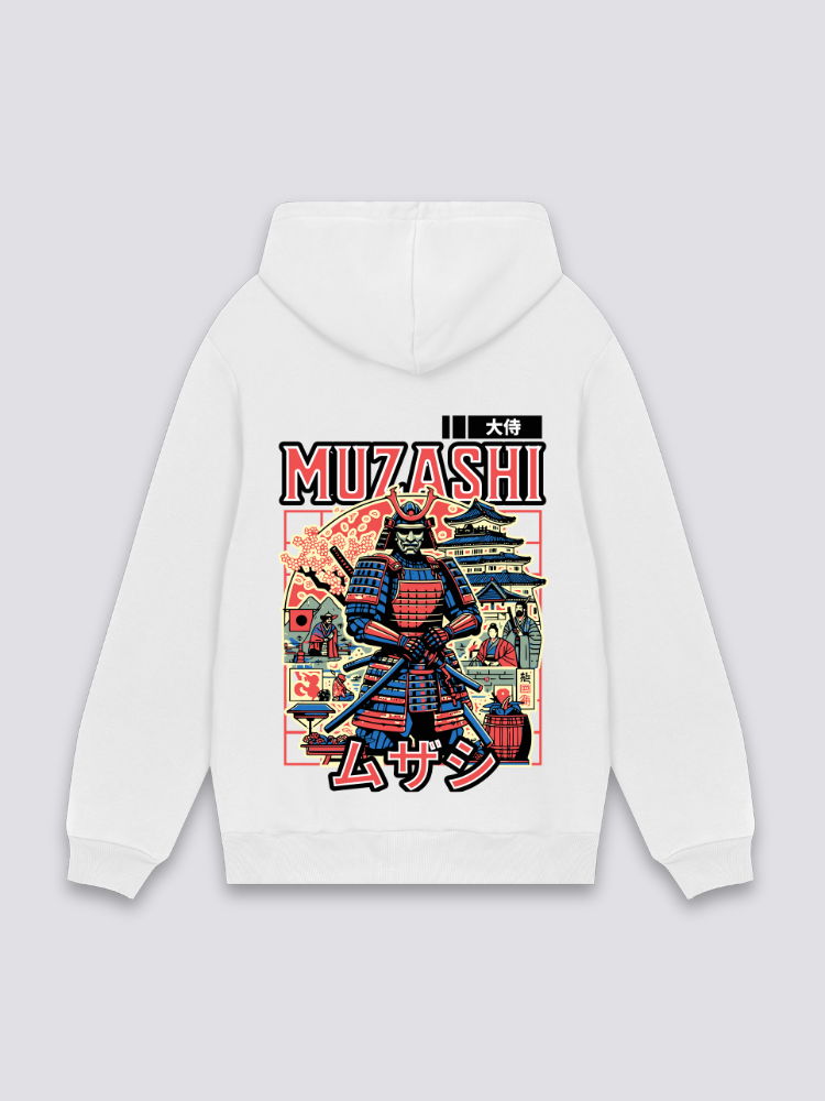 alter japanischer Hoodie in Weiß, japanischer Streetwear-Hoodie mit Samurai vor Pagode im Ukiyo-e-Stil
