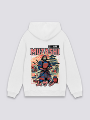 alter japanischer Hoodie in Weiß, japanischer Streetwear-Hoodie mit Samurai vor Pagode im Ukiyo-e-Stil