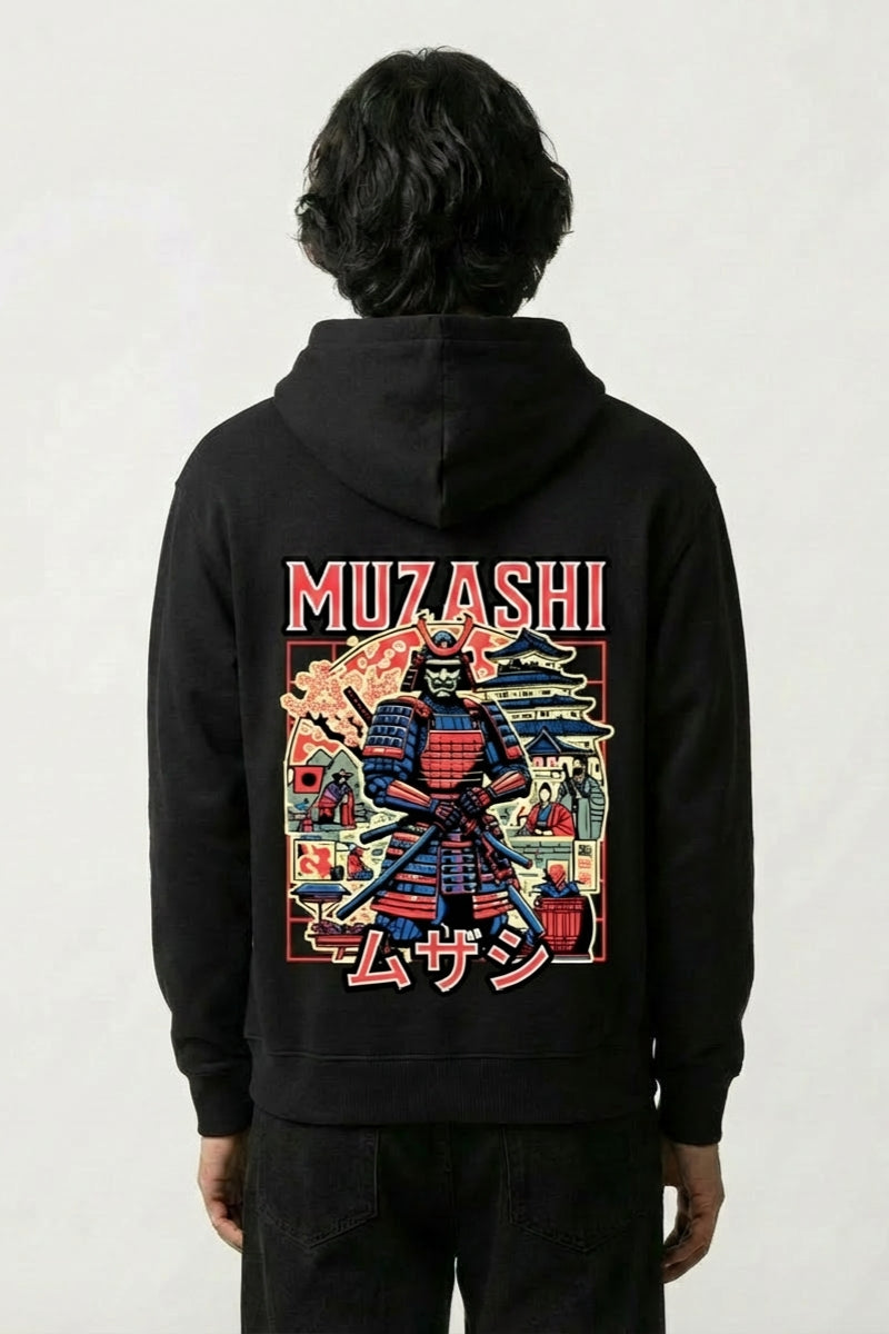 alter japanischer Hoodie mit Samurai vor Pagode im Ukiyo-e-Stil, Rückenansicht des oversize Streetwear-Hoodies