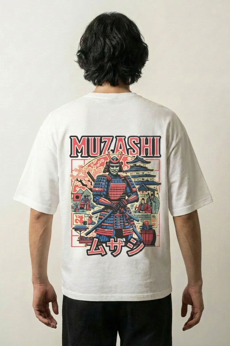 altes japanisches T-Shirt mit Samurai vor Pagode im Ukiyo-e-Stil, Holzschnitt-Druck, oversize, Vorderansicht