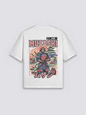 altes japanisches T-Shirt mit Samurai vor Pagode im Ukiyo-e-Stil, Holzschnitt-Druck, oversize, Rückenansicht mit Rückendruck