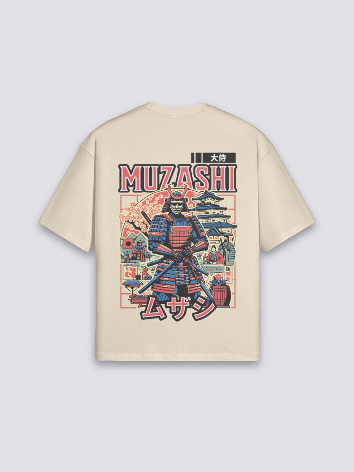 altes japanisches T-Shirt mit Samurai vor Pagode im Ukiyo-e-Stil, Holzschnitt-Druck, oversize, Detailansicht des Motivs