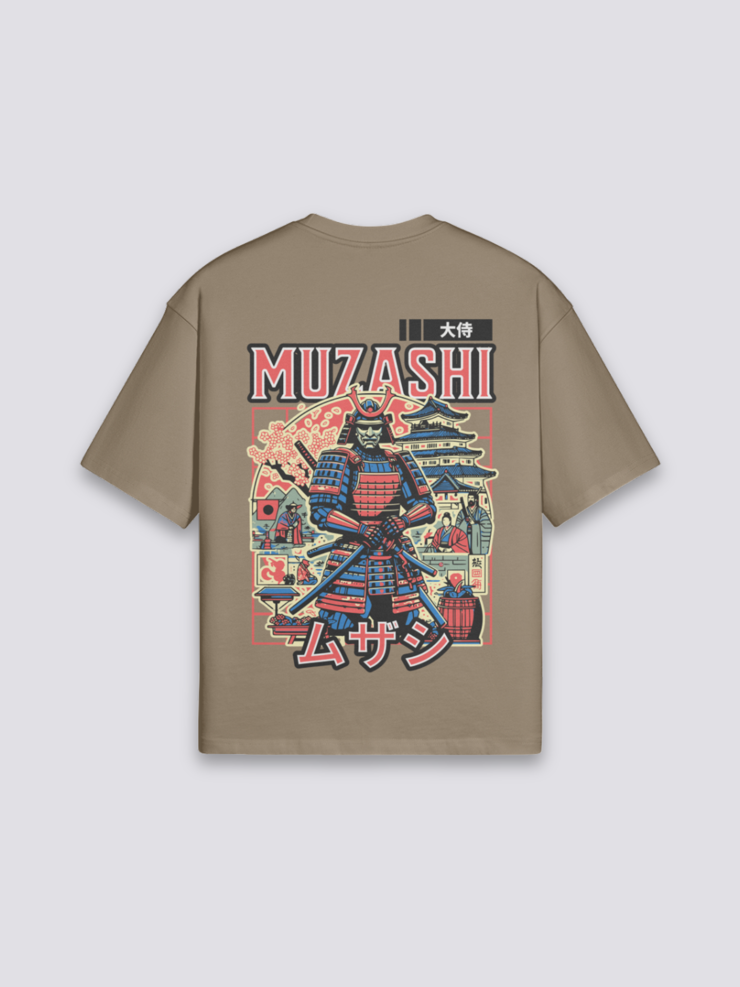 altes japanisches T-Shirt mit Samurai vor Pagode im Ukiyo-e-Stil, Holzschnitt-Druck, oversize, seitliche Ansicht