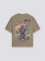 altes japanisches T-Shirt mit Samurai vor Pagode im Ukiyo-e-Stil, Holzschnitt-Druck, oversize, seitliche Ansicht