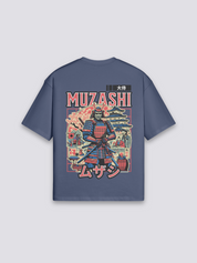 altes japanisches T-Shirt mit Samurai vor Pagode im Ukiyo-e-Stil, Holzschnitt-Druck, oversize, Nahaufnahme des Drucks