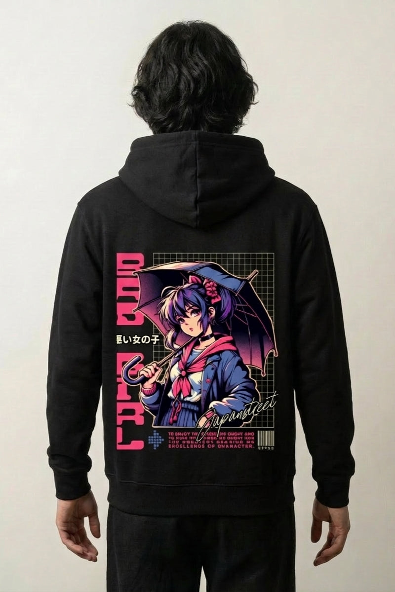 Anime-Hoodie mit Bad Girl unter dem Regenschirm, Rückenansicht des oversize Streetwear-Hoodies