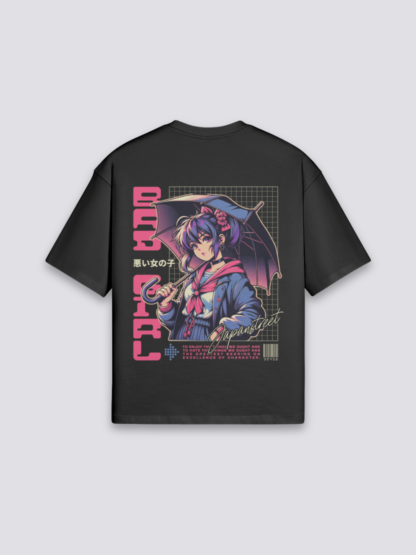 Anime T-Shirt mit Bad Girl unter Regenschirm, charismatischer Anime-Druck, oversize Baumwolle, Rückenansicht mit Rückendruck