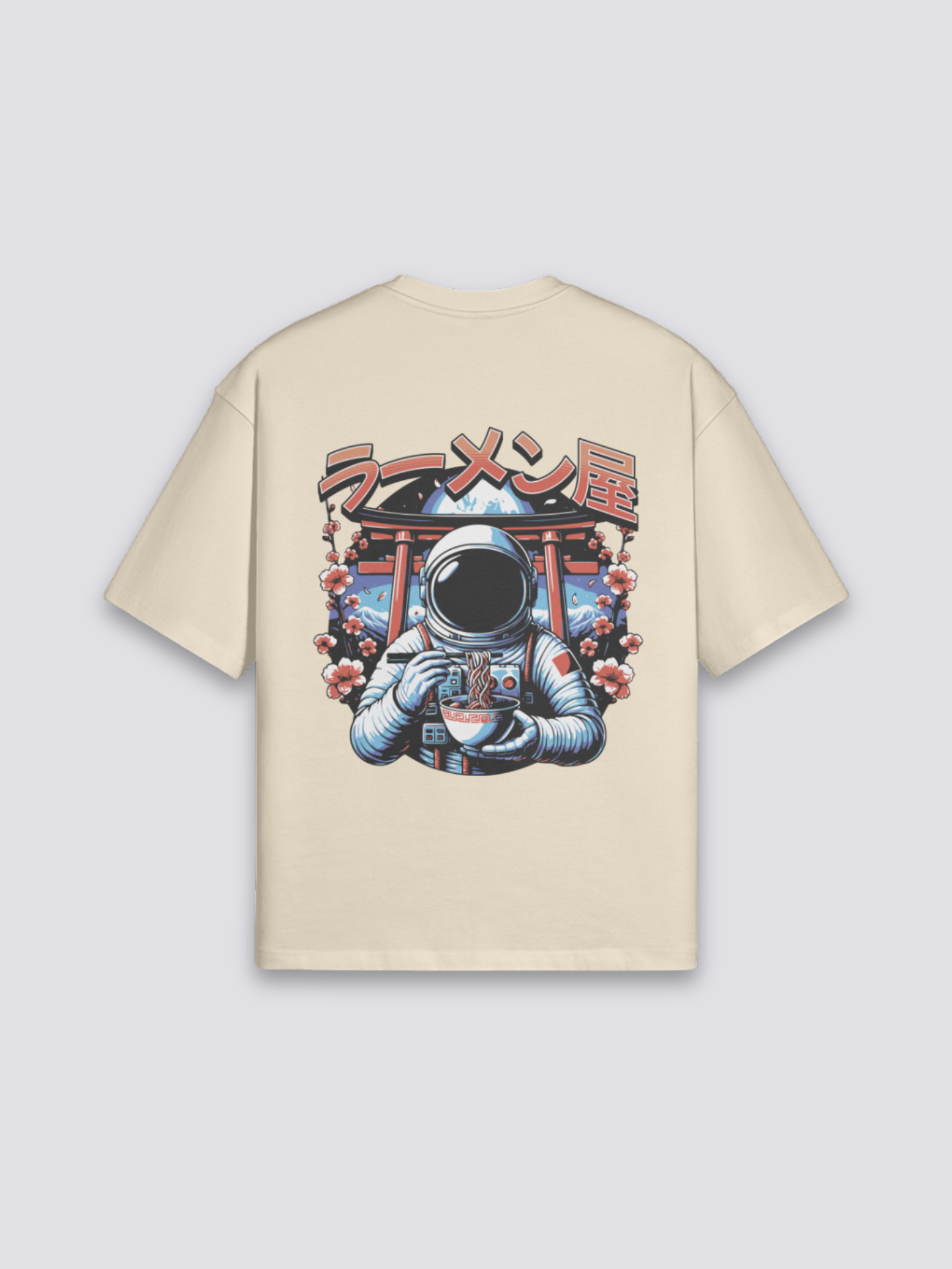 Astronaut T-Shirt mit Astronaut beim Ramen unter Torii, humorvoller Weltraum-Druck, oversize, Detailansicht des Motivs