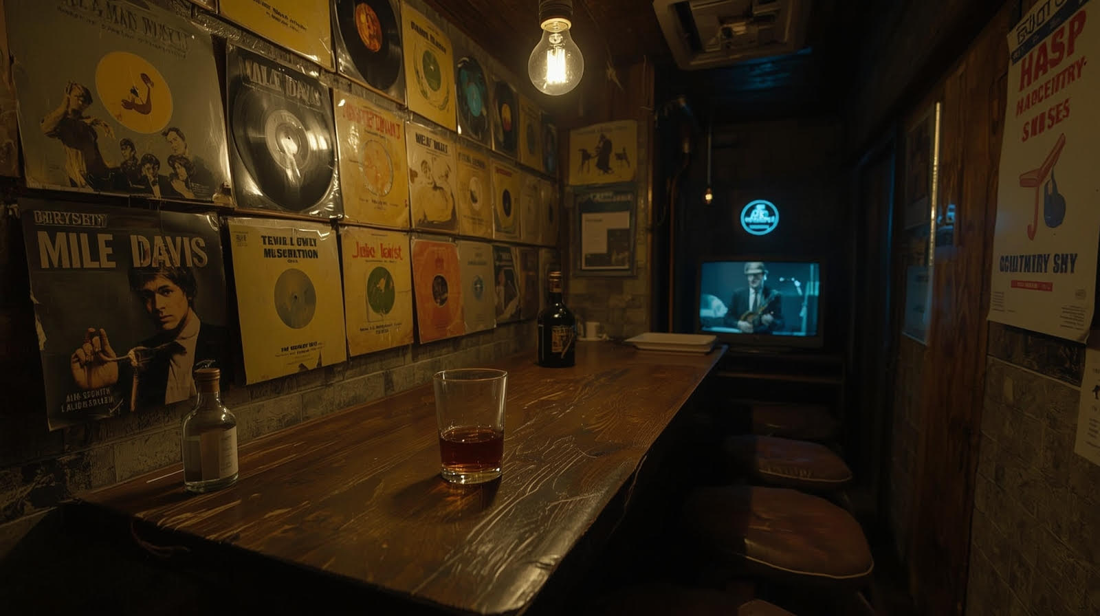 Innenraum einer Bar in Koenji (Tokio), japanische Vintage-Atmosphäre mit Schallplatten und gedämpftem Licht – Inspirationsquelle für japanische Mode von Japanische Kleidung
