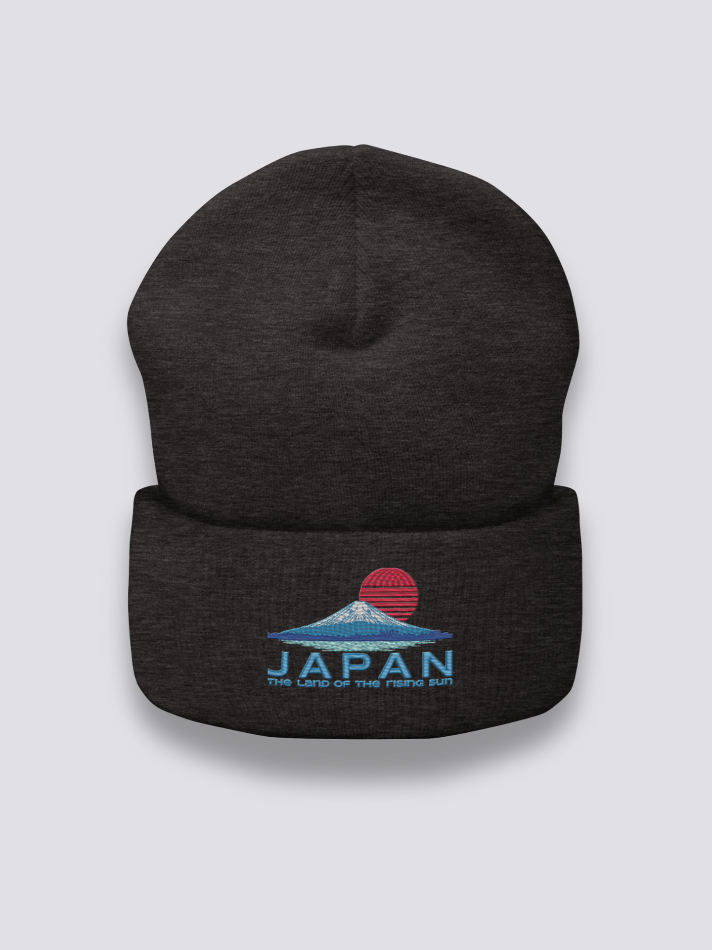 Beanie der aufgehenden Sonne – Beanie, gesticktes Sonnen- und Fuji-Motiv, Detailaufnahme der Stickerei