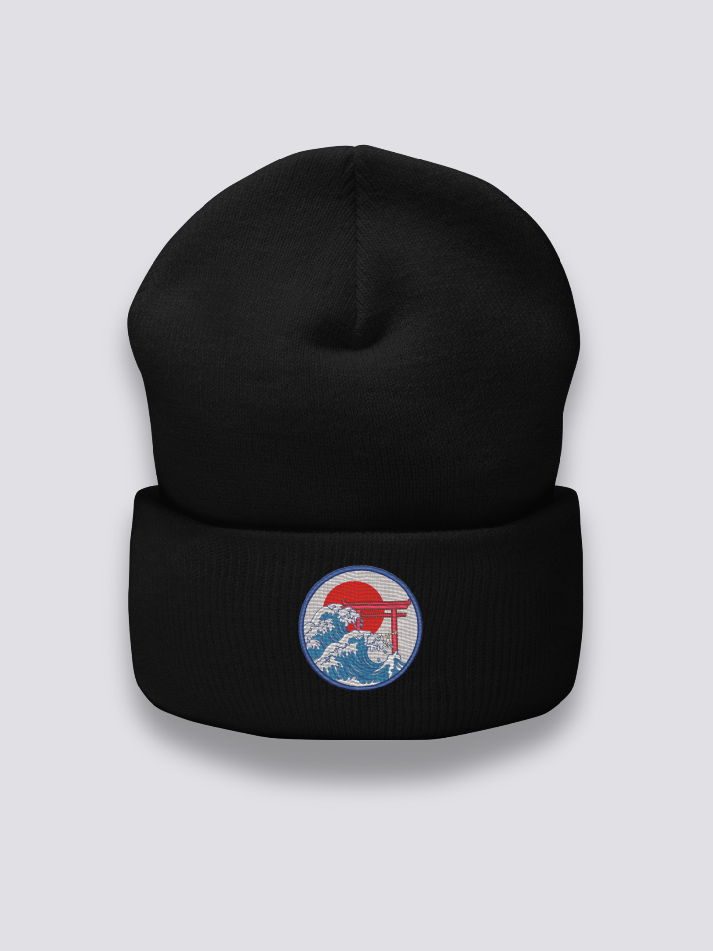 Beanie im japanischen Stil – Beanie, gesticktes Torii aus den Wellen unter der Sonne, Vorderansicht