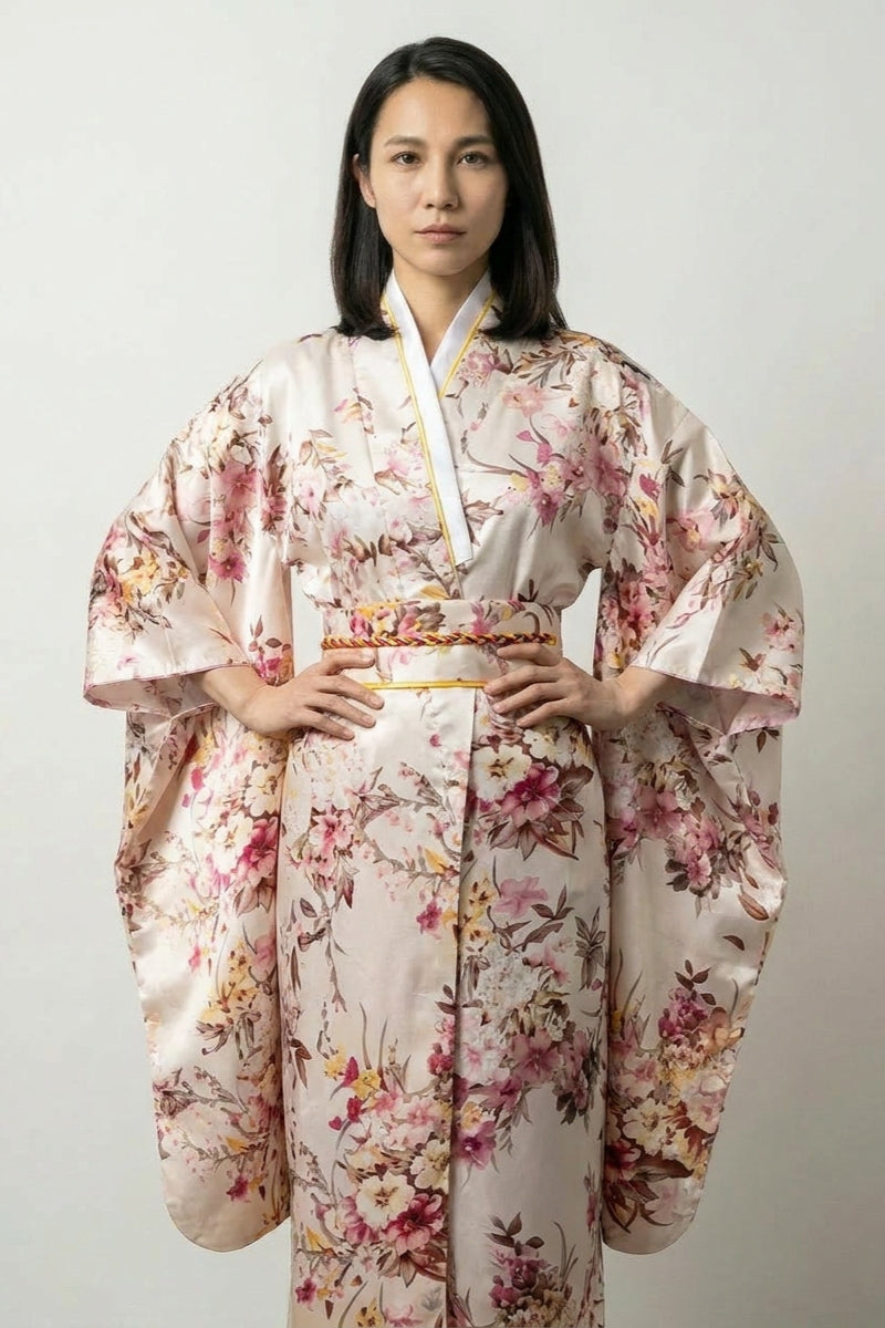 Beiger Japanischer Kimono 'Harumi' – japanischer Damen-Kimono mit Obi, treibende Kirschblüten, Vorderansicht
