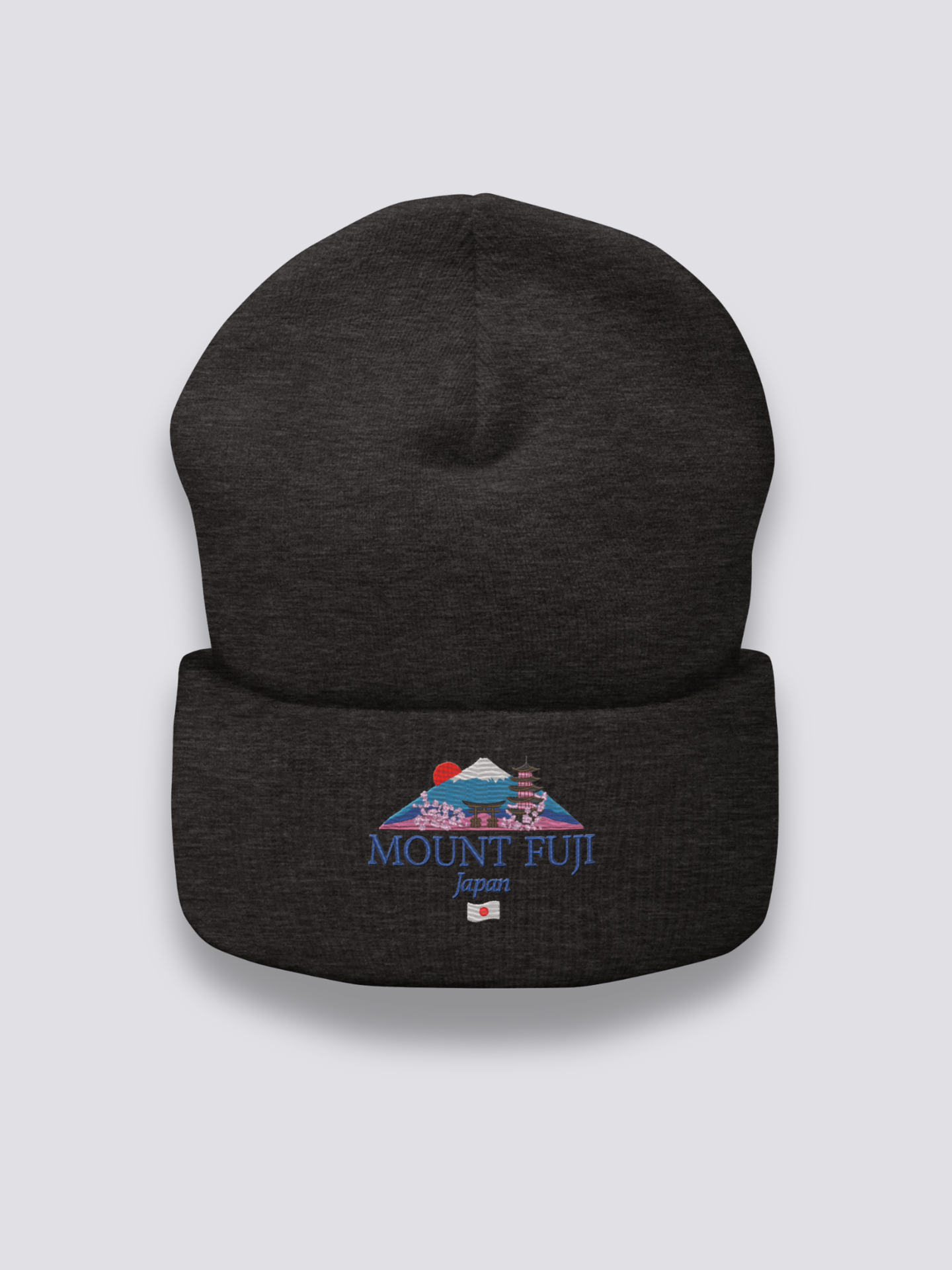 Berg Fuji Beanie – Beanie, gestickter Berg Fuji mit Torii und Pagode, Detailaufnahme der Stickerei