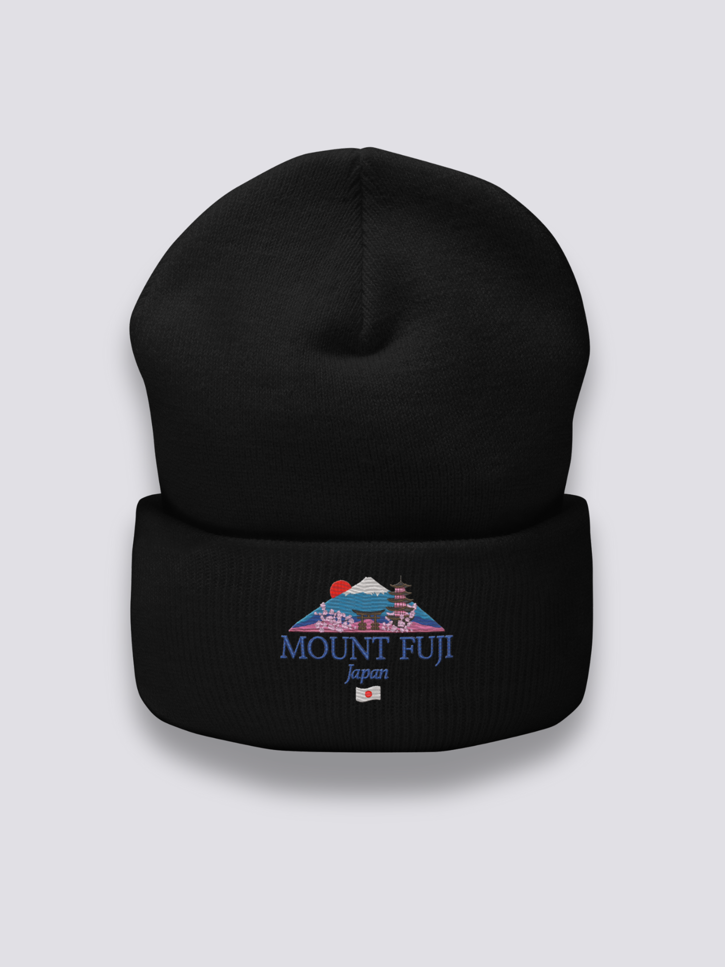 Berg Fuji Beanie – Beanie, gestickter Berg Fuji mit Torii und Pagode, Rückansicht