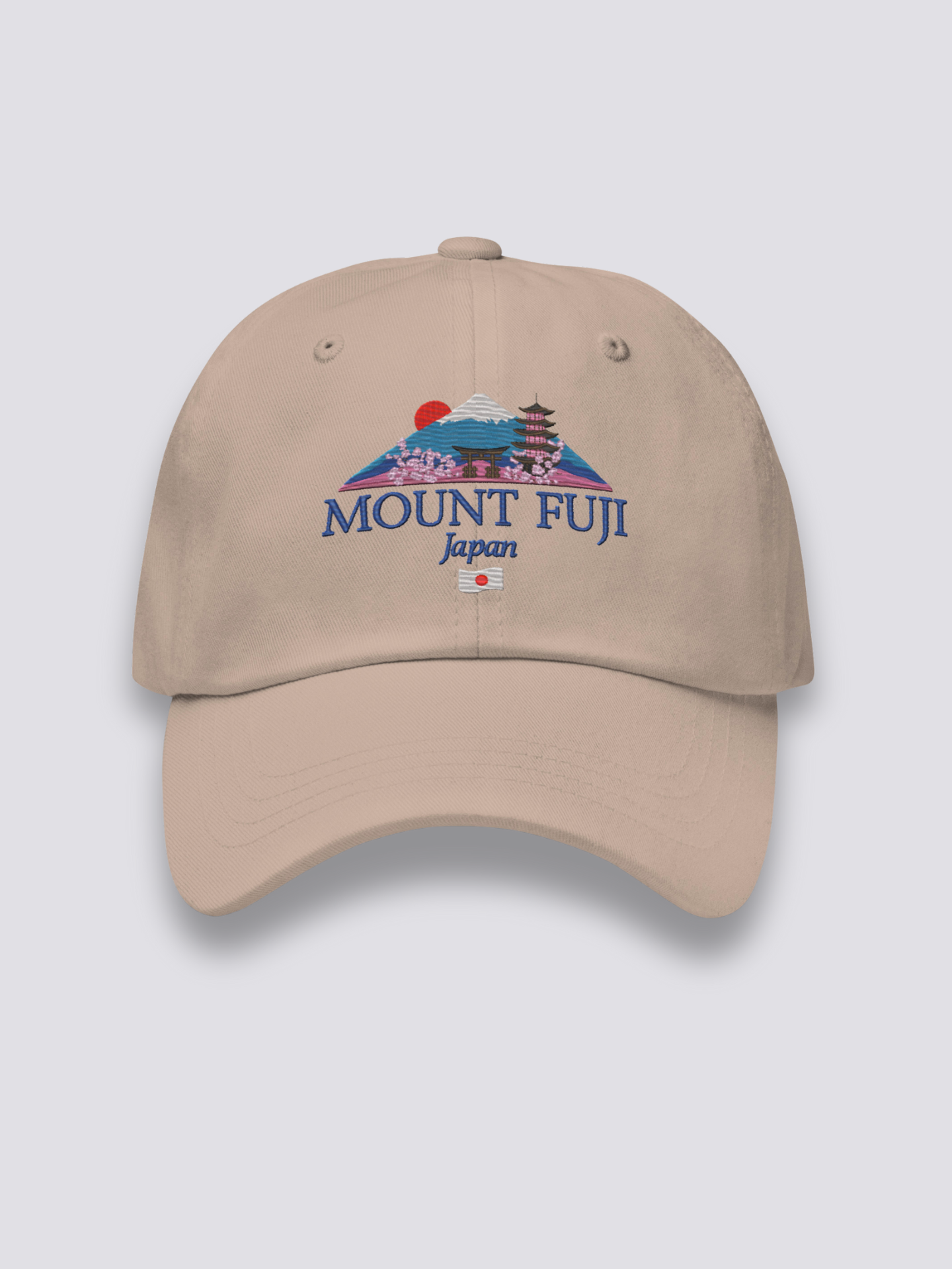 Berg Fuji Cap – japanische Cap, gestickter Berg Fuji mit Torii und Pagode, Detailaufnahme der Stickerei