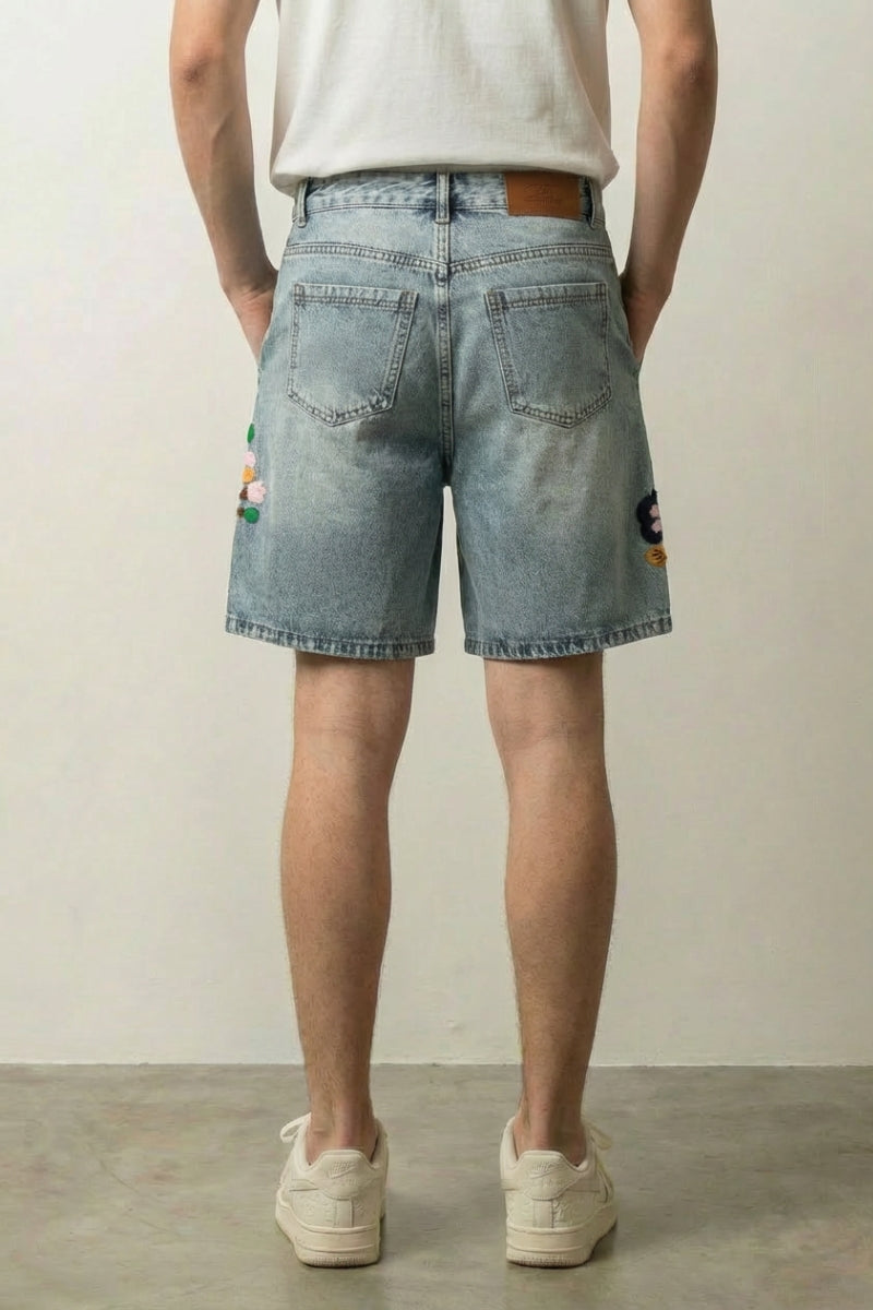 Bestickte Denim-Shorts, Rückansicht – Denim-Shorts Herren japanischer Streetwear