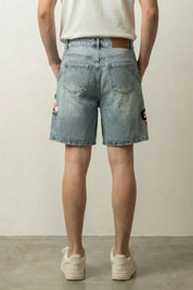 Bestickte Denim-Shorts, Rückansicht – Denim-Shorts Herren japanischer Streetwear