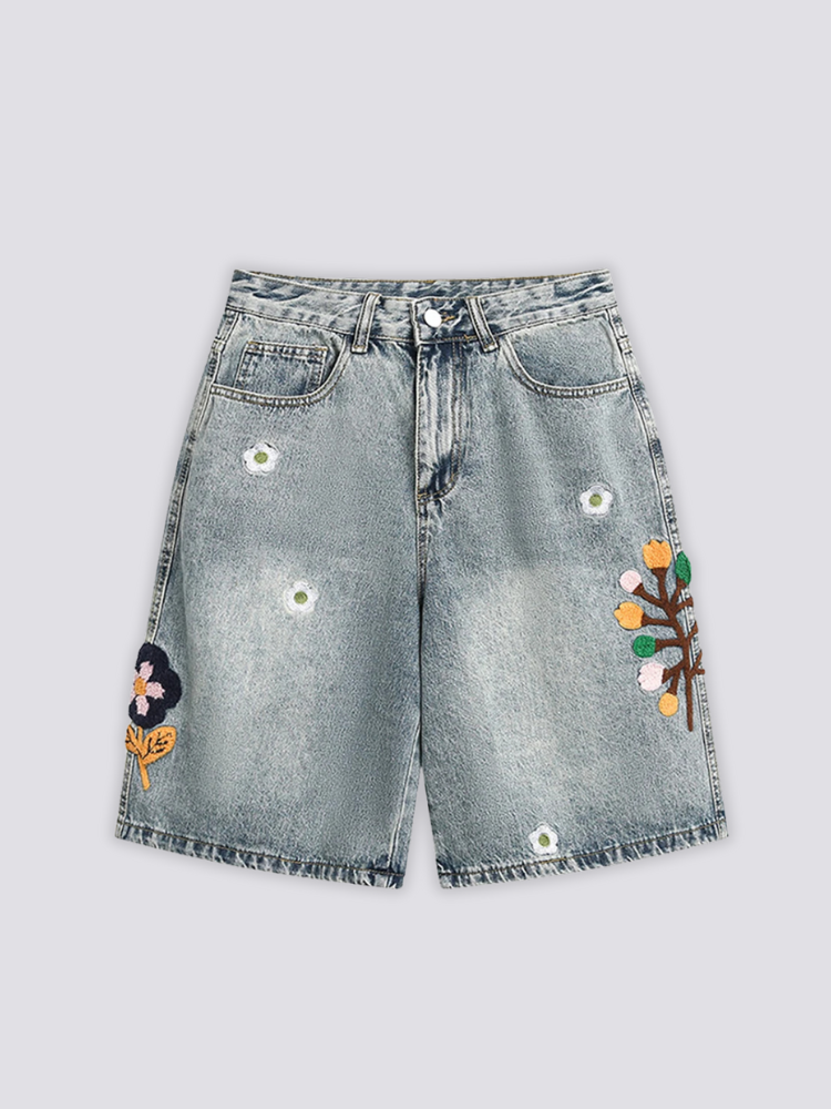 Bestickte Denim-Shorts, Seitenansicht Detail – Denim-Shorts Herren japanischer Streetwear