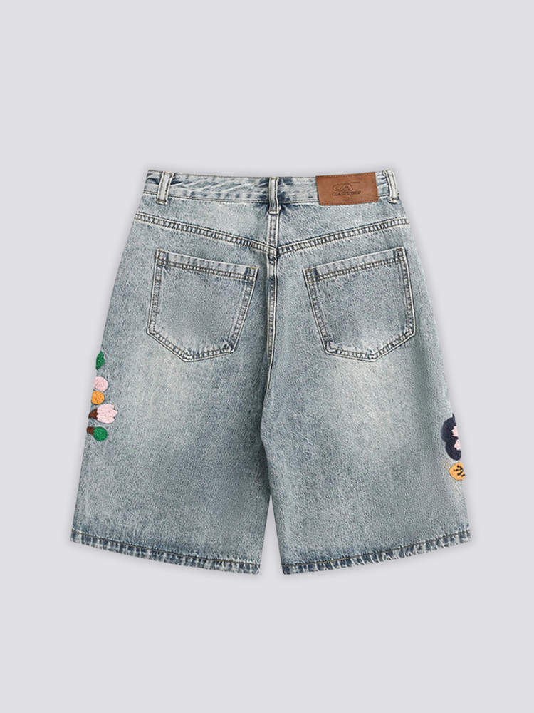 Bestickte Denim-Shorts, getragene Ansicht – Denim-Shorts Herren japanischer Streetwear
