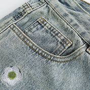 Bestickte Denim-Shorts, Nahaufnahme Verarbeitung – Denim-Shorts Herren japanischer Streetwear