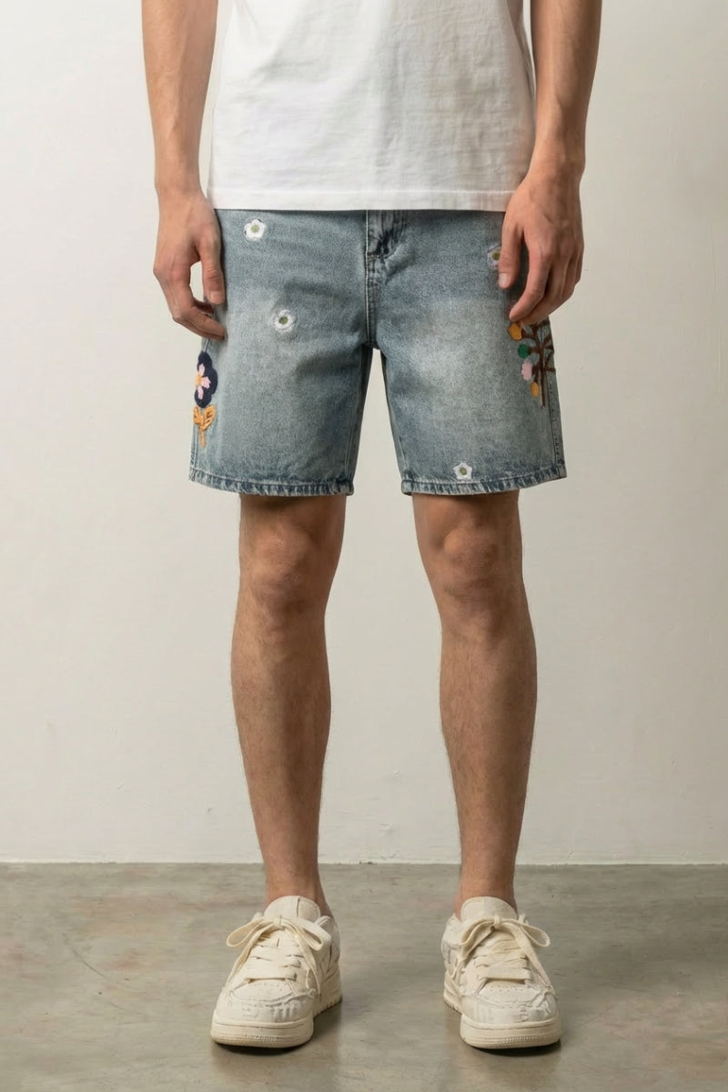 Bestickte Denim-Shorts – Denim-Shorts Herren japanischer Streetwear, Vorderansicht