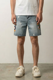 Bestickte Denim-Shorts – Denim-Shorts Herren japanischer Streetwear, Vorderansicht